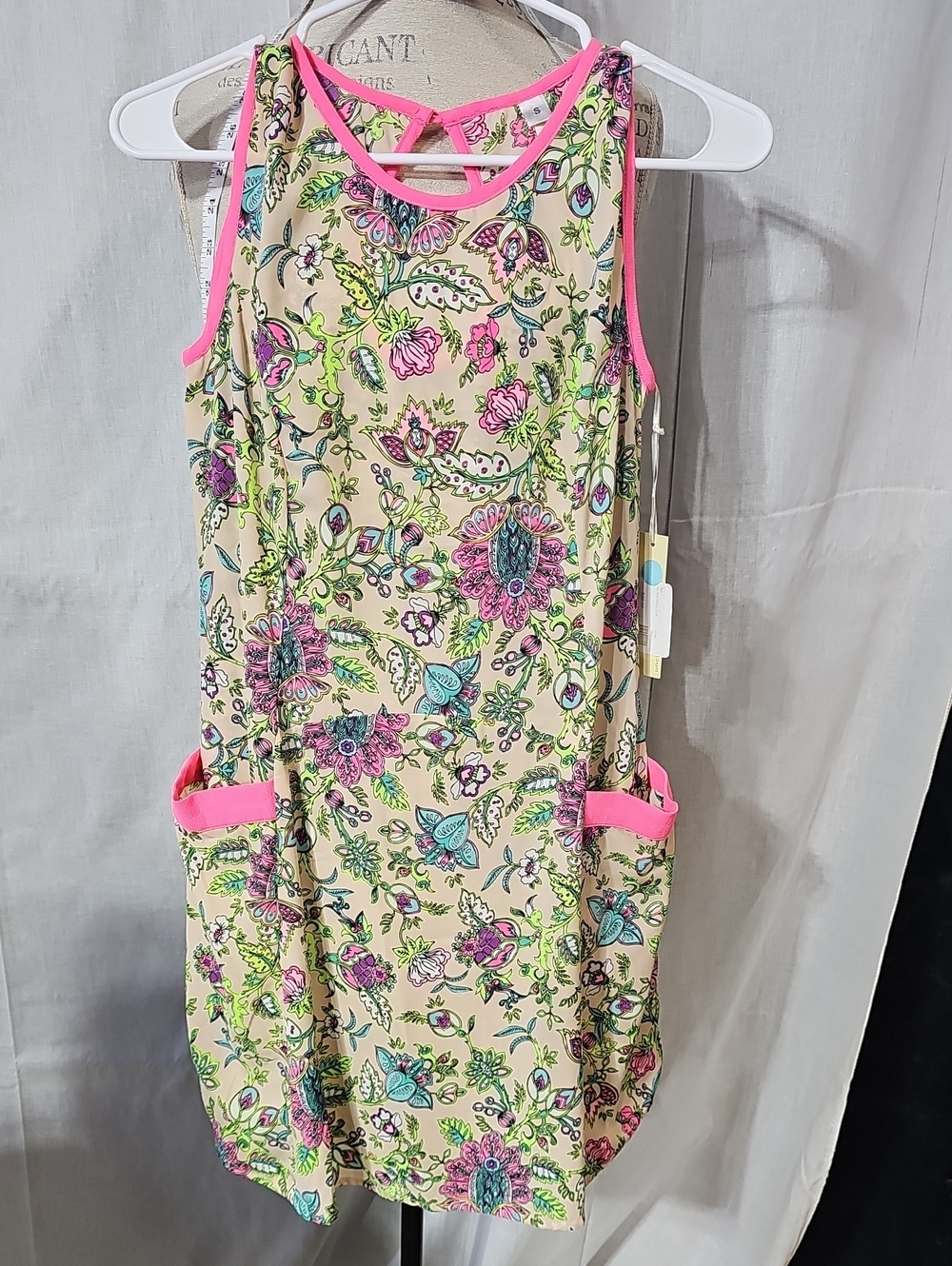 Uncle Frank Cream Floral Mini Dress with Pink Trim